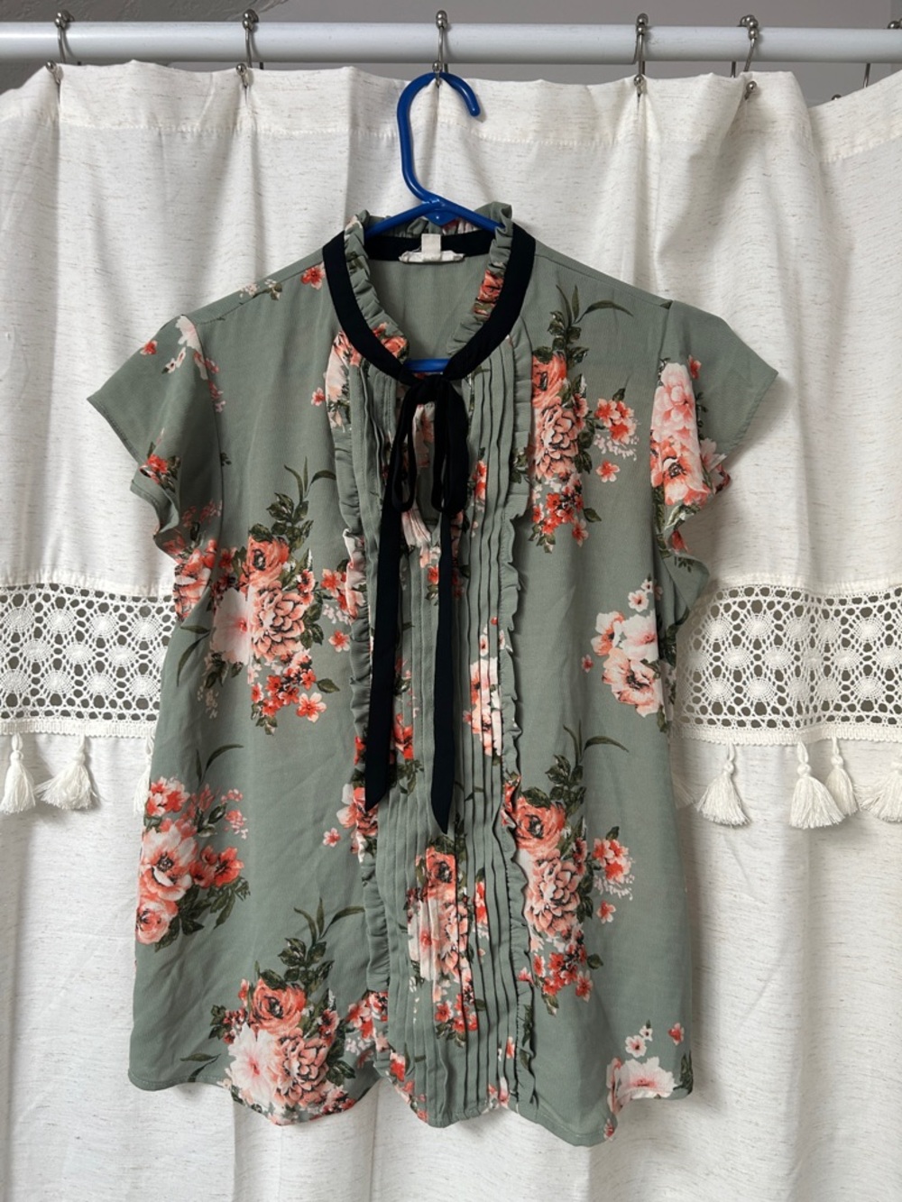 mine Sage Green Floral Ruffle Tie-Neck Blouse with Black Trim